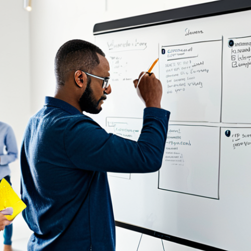 A diverse team of professional product designers in a modern, collaborative studio setting. They are fully clothed in modest business casual attire, engaged in a design thinking workshop. One team member is sketching ideas on a large interactive whiteboard, another is observing user empathy maps displayed on a screen, and a third is facilitating a brainstorming session with sticky notes. The atmosphere is vibrant and focused, bathed in soft, natural light. Professional photography, high quality, perfect anatomy, correct proportions, natural pose, well-formed hands, proper finger count, natural body proportions, safe for work, appropriate content, family-friendly.