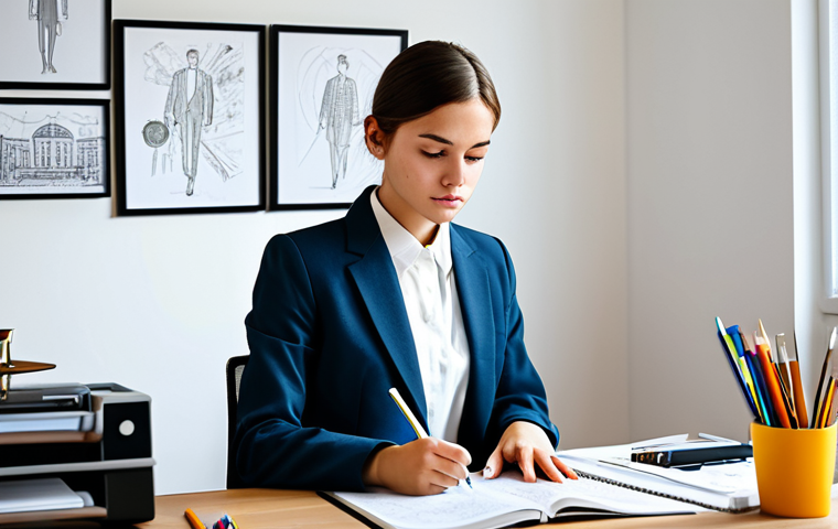 제품디자인 실무 경험 없이 자격증 취득 - **

"A determined young woman, fully clothed in a professional business suit, studying design textbo...