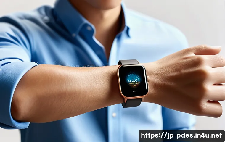 제품디자인 관련 국내외 기업 탐방기 - A sleek, modern smartwatch with a matte finish and smooth curved edges, resting gently on a hand wea...