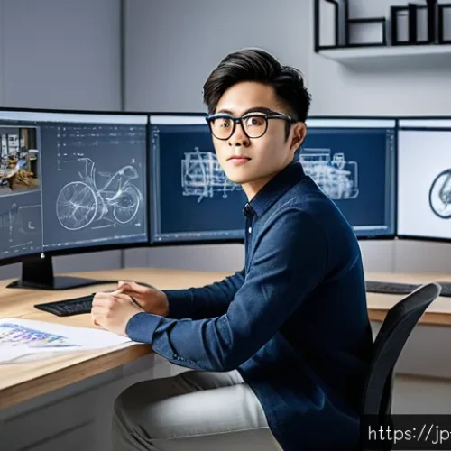 제품디자인 자격증 취득 후 취업 사례 - A confident young Japanese product designer wearing smart casual attire and stylish glasses, sitting...