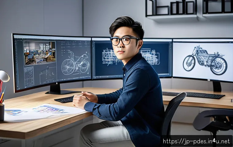 제품디자인 자격증 취득 후 취업 사례 - A confident young Japanese product designer wearing smart casual attire and stylish glasses, sitting...