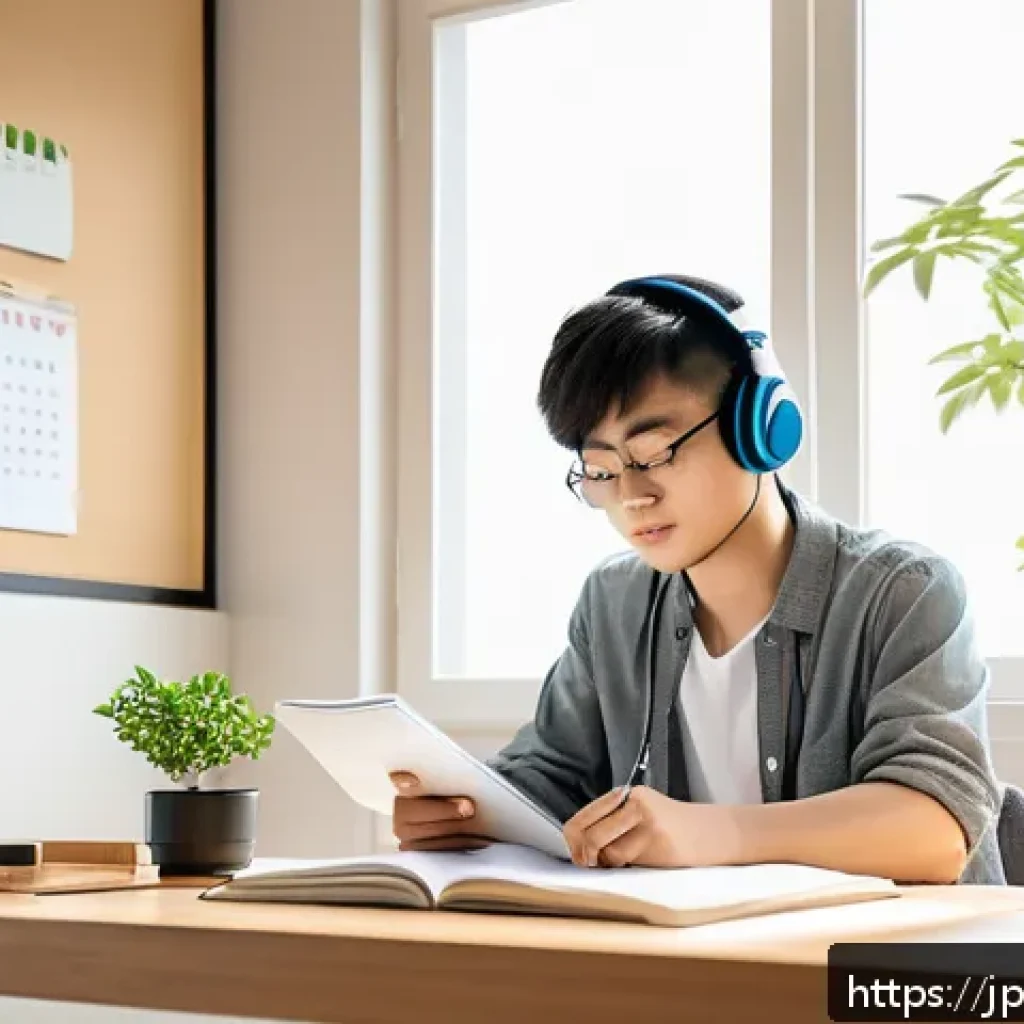 제품디자인 자격증 취득을 위한 시간 관리 - A focused young Japanese adult studying efficiently at a neat home study desk in a minimalist room, ...