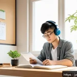 제품디자인 자격증 취득을 위한 시간 관리 - A focused young Japanese adult studying efficiently at a neat home study desk in a minimalist room, ...
