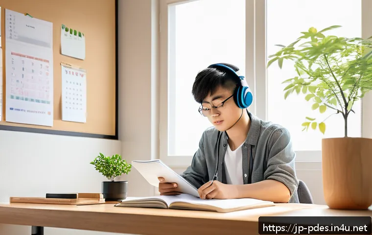 제품디자인 자격증 취득을 위한 시간 관리 - A focused young Japanese adult studying efficiently at a neat home study desk in a minimalist room, ...